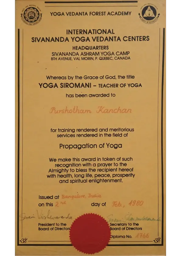 Yoga Siromani Certificate